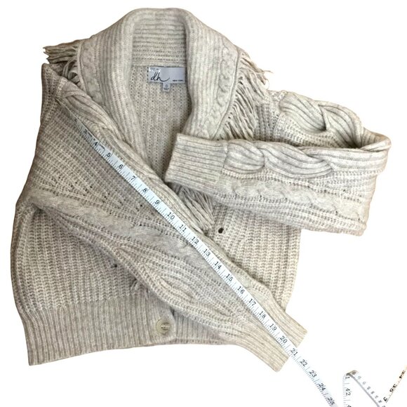 dh NEW YORK Mika Fringe Trim Crop Cardigan S Ecru Wool Blend Boho Cozy Knit - Picture 6 of 9
